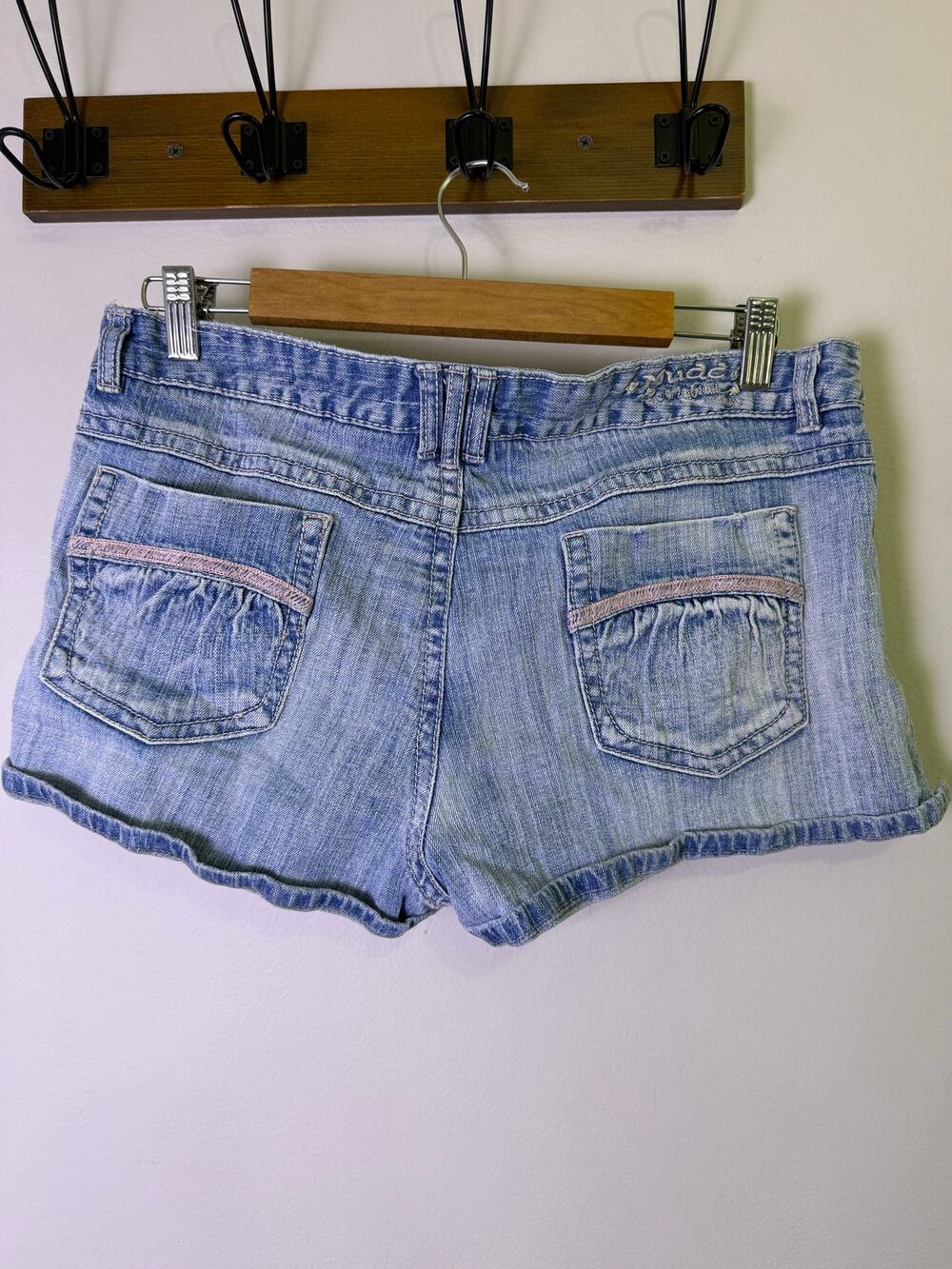 Mudd Y2K McBling Coquette Light Wash Denim Shorts Ruched Pockets W34